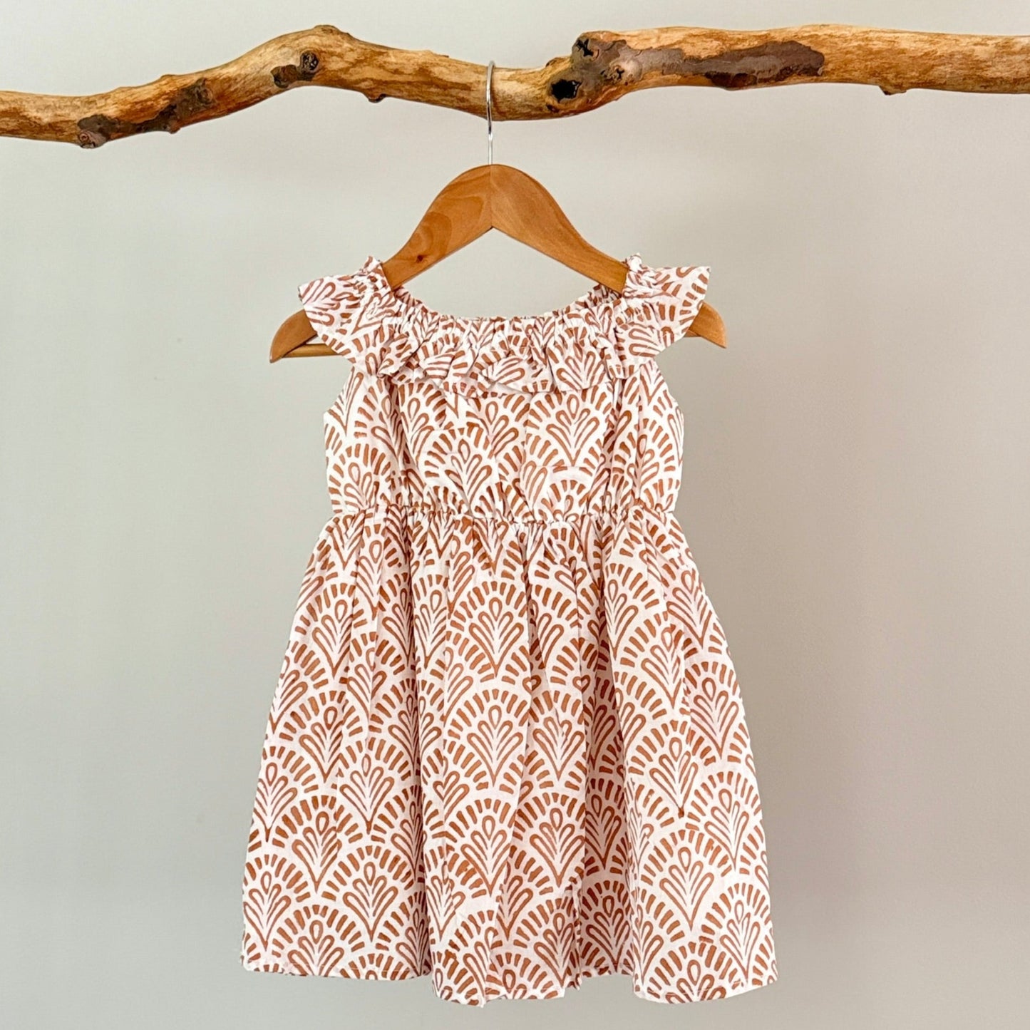 Block printed neutral color little girls dress