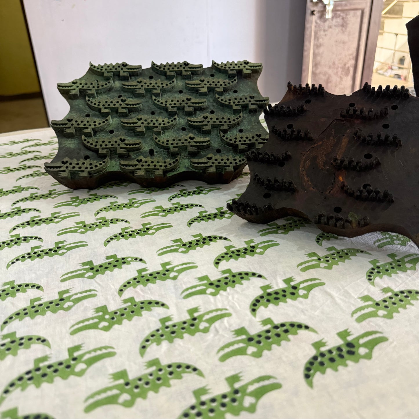 Freshly block printed fabric in crocodile print