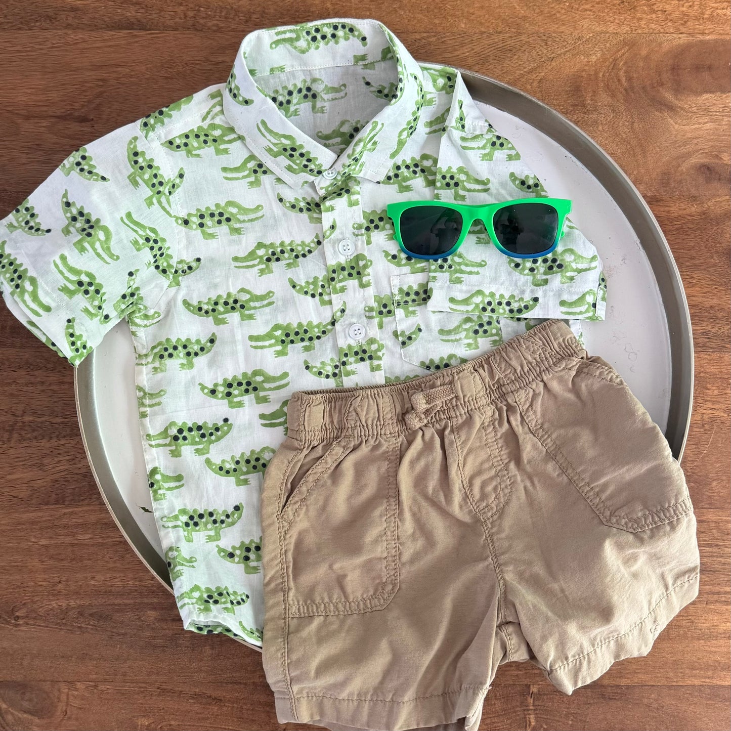 Crocodile print shirt for boys with khaki shorts - vacation outfit for boys