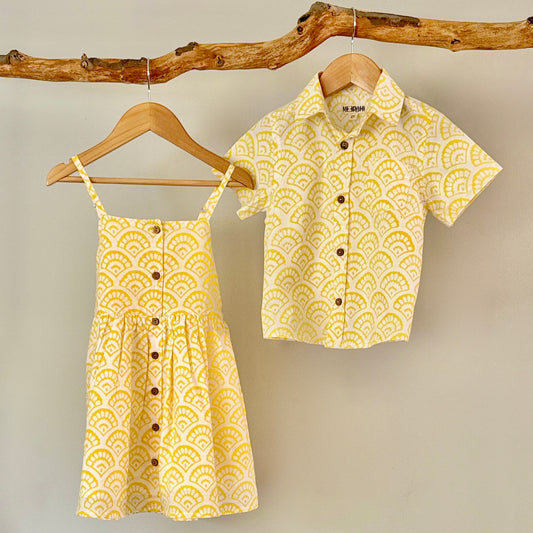 Scallop Print Yellow Summer Button-Down Shirt for Boys