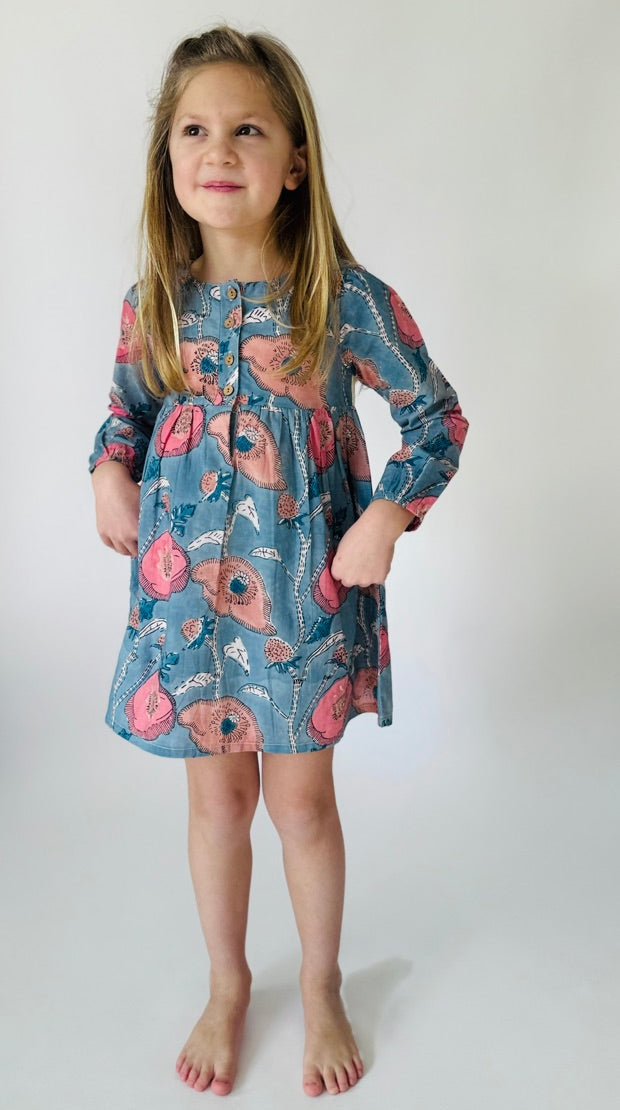 Hand Printed Multicolor Floral Girls' Dress