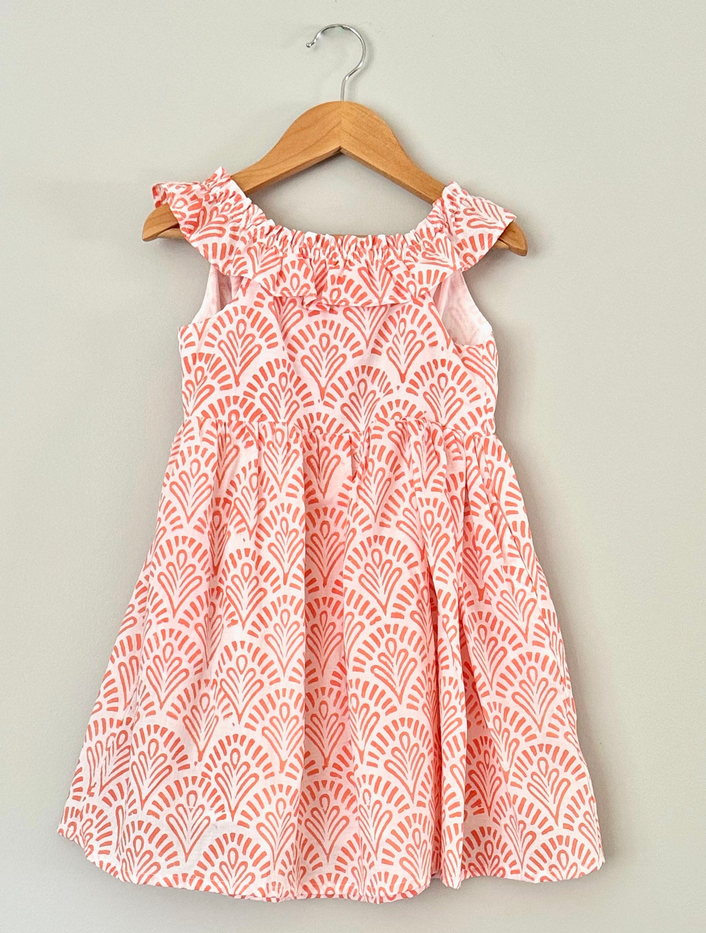 Girls' Cotton Block Printed Ruffle Dress