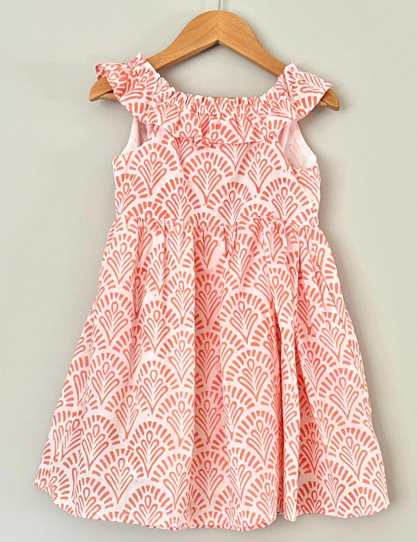 Girls' Cotton Block Printed Ruffle Dress
