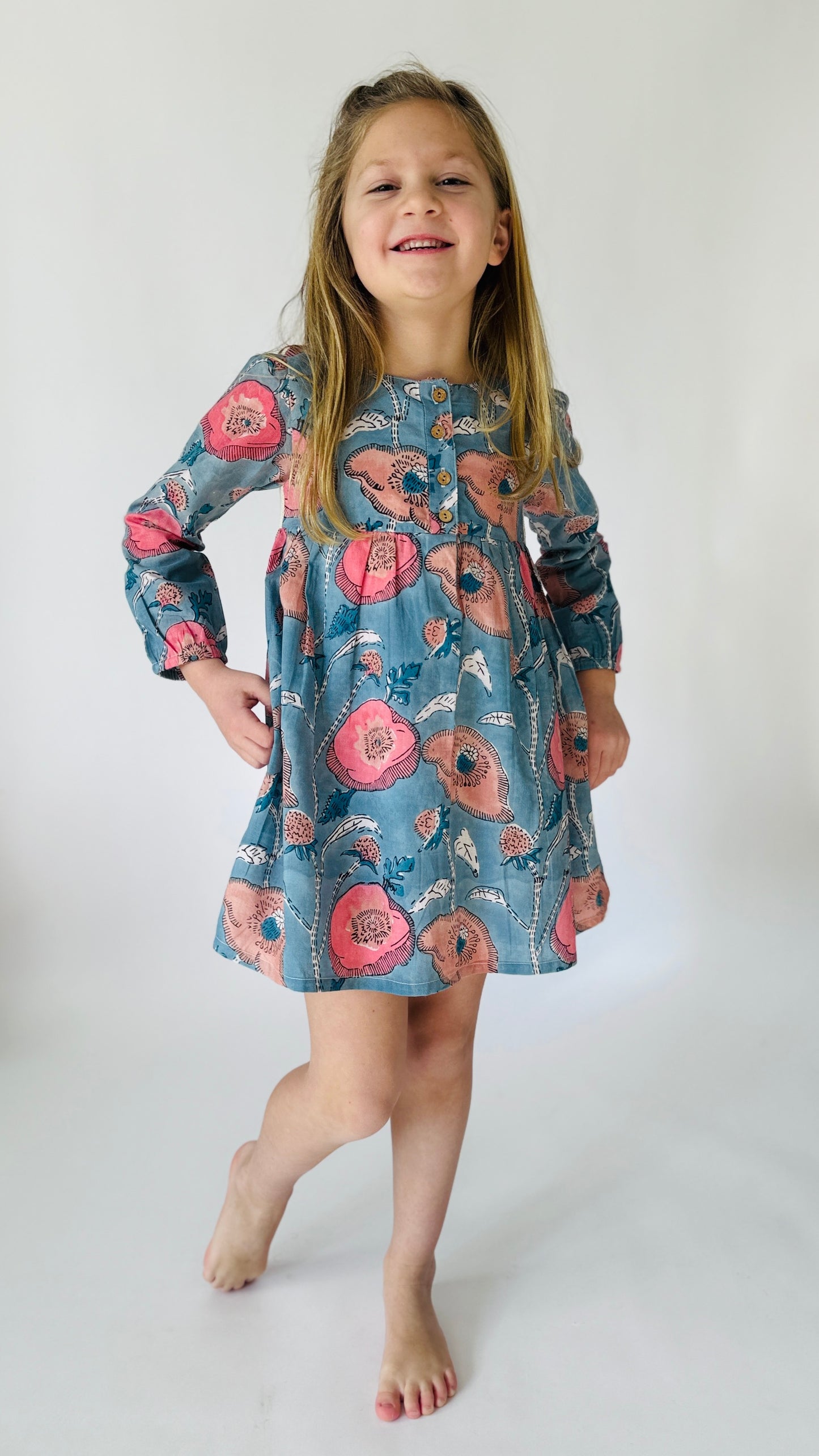 Hand Printed Multicolor Floral Girls' Dress