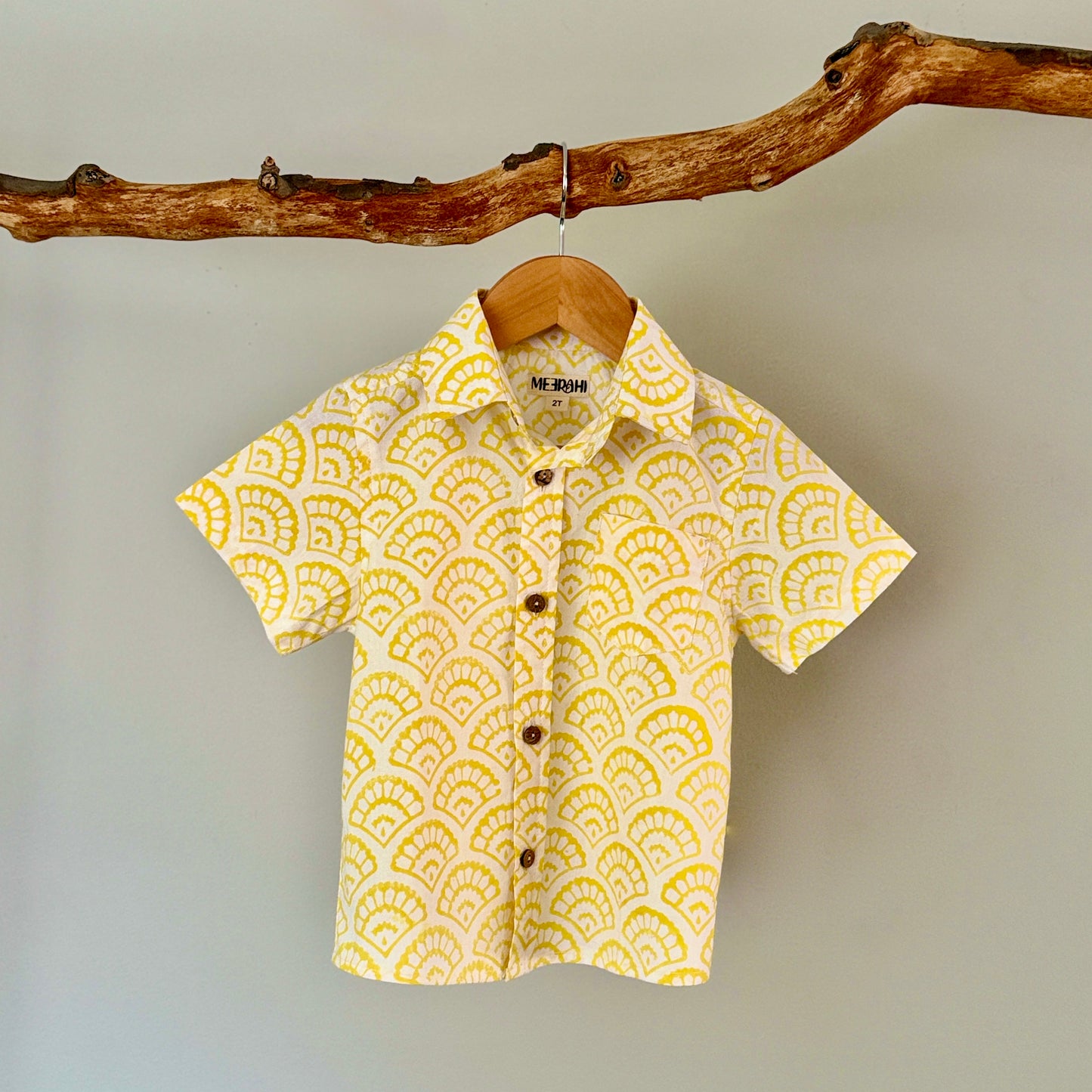 Scallop Print Yellow Summer Button-Down Shirt for Boys