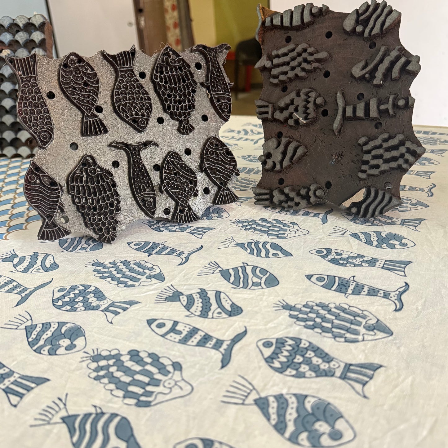 Freshly block printed with fish print