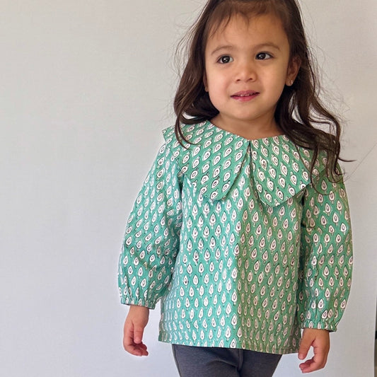 Handmade block-printed tops With Green Petals