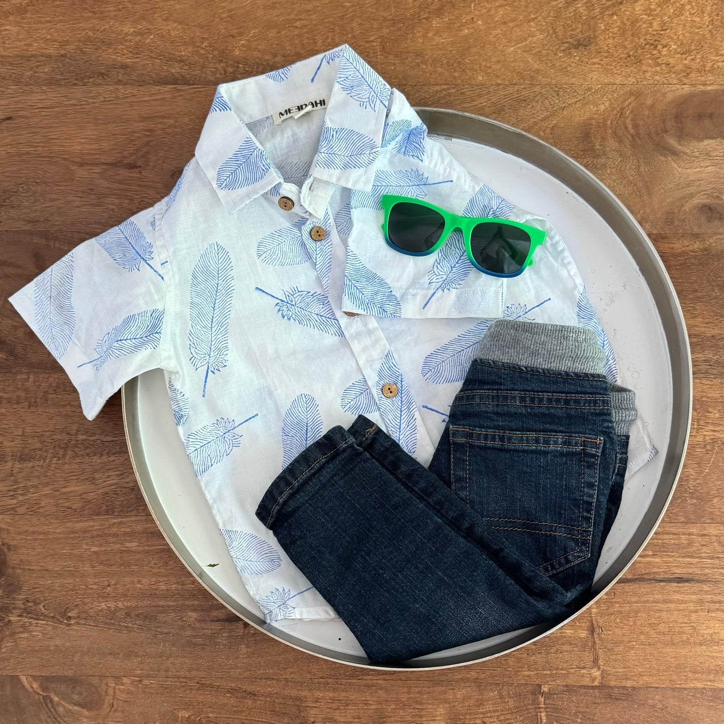 Block printed with feather print cotton white shirt with jeans