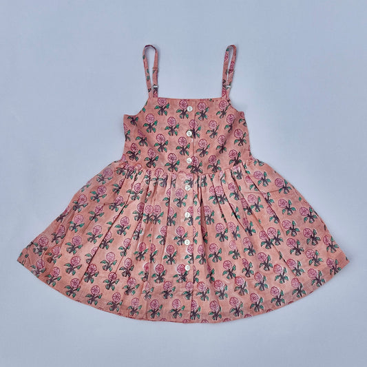 Girls' Block Printed Floral Pink Strap Dress