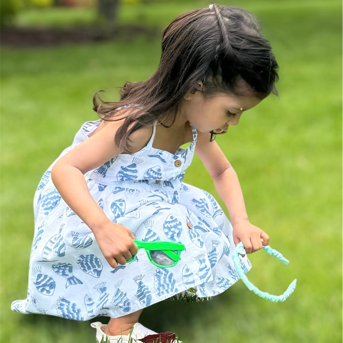 Girls cotton strap dress with fish print
