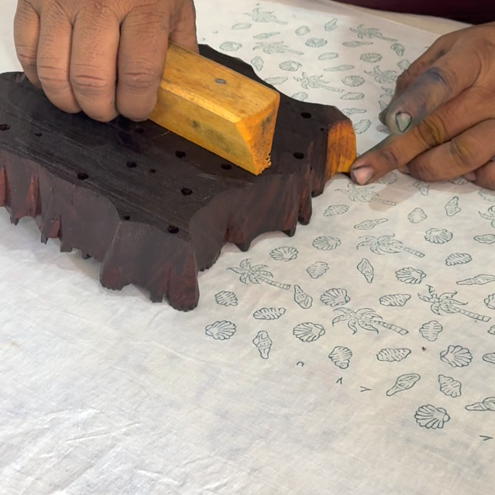 Block printing of tropical island shirt