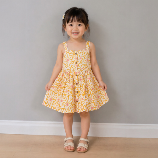 Young girl wearing marigold floral cotton sundress enjoying summer outdoor play breathable handmade dress