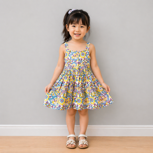 Young girl wearing rainbow floral cotton sundress enjoying summer day vibrant handmade breathable dress