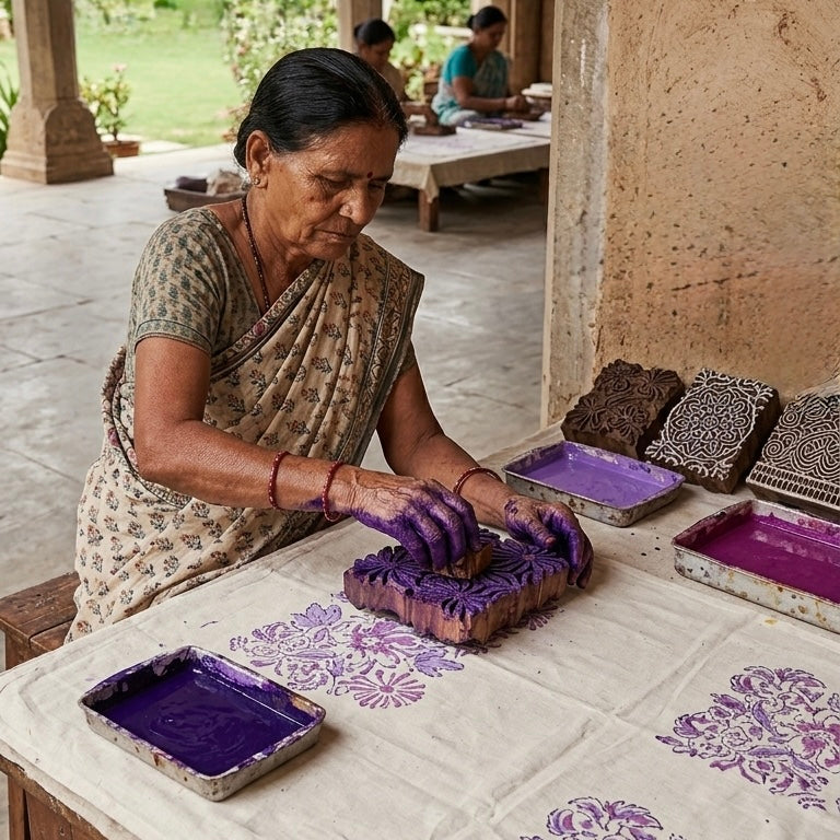 Artisan hand block printing lavender floral pattern on cotton fabric using traditional wooden block printing technique