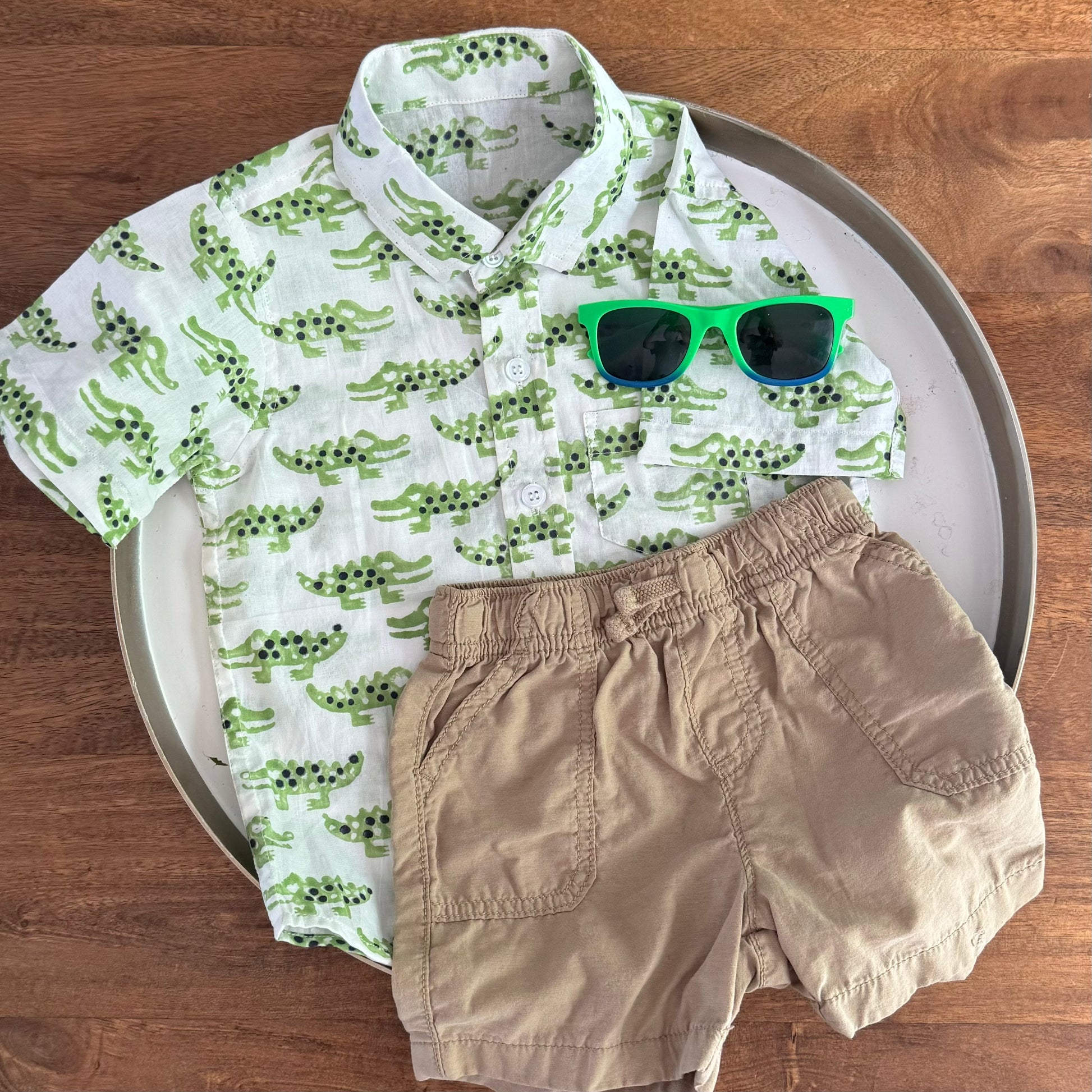 Crocodile print shirt for boys with khaki shorts - vacation outfit for boys