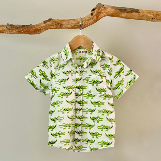 Crocodile Printed Collared Cotton Shirt for Boys
