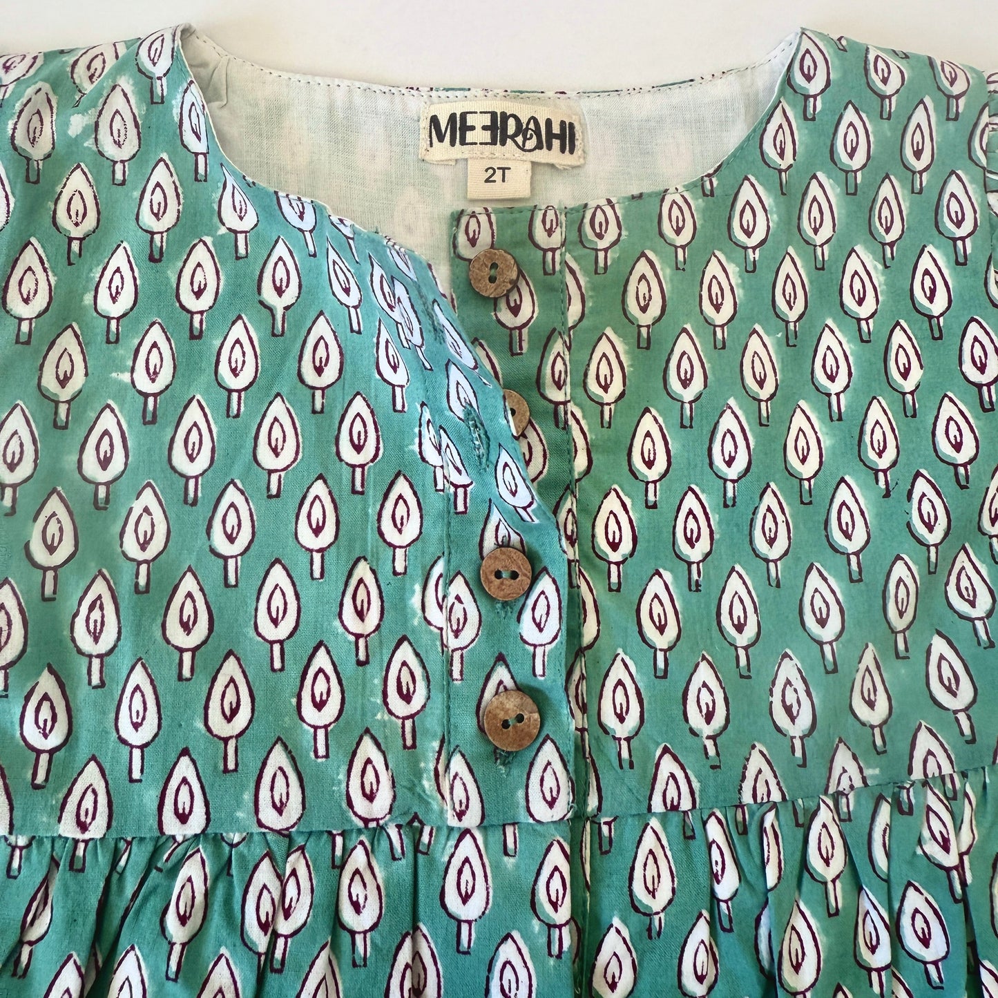 Front-Opening Green Petal Print Dress for Girls