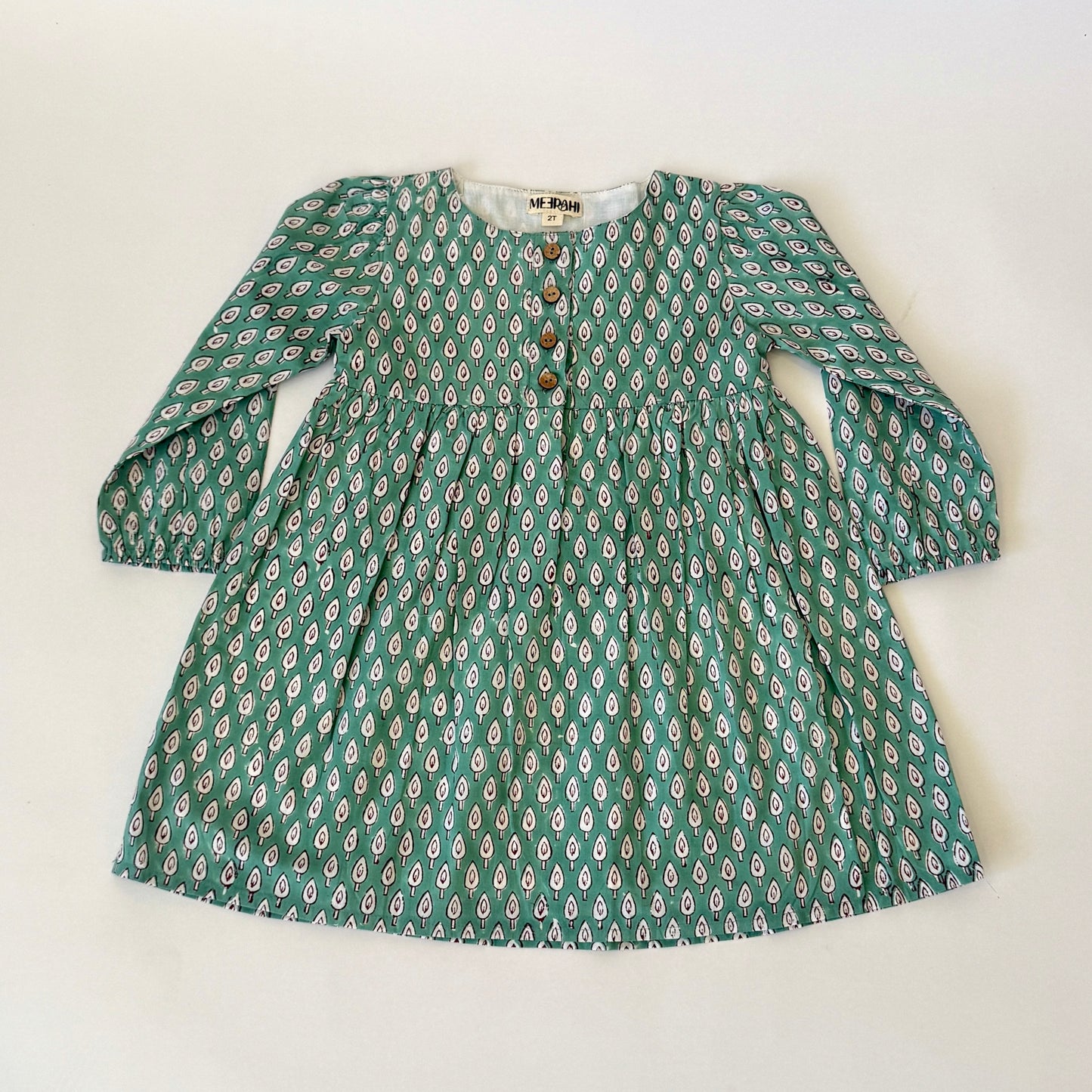 Front-Opening Green Petal Print Dress for Girls