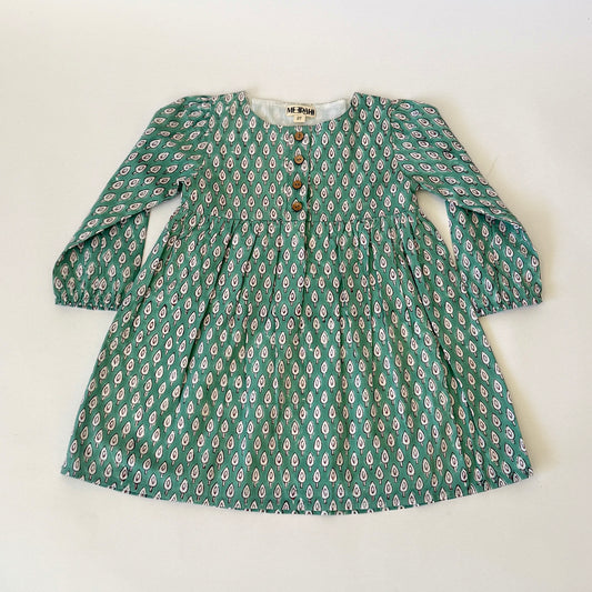 Front-Opening Green Petal Print Dress for Girls