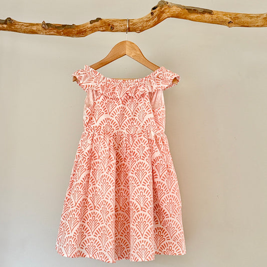 Girls' Cotton Block Printed Ruffle Dress