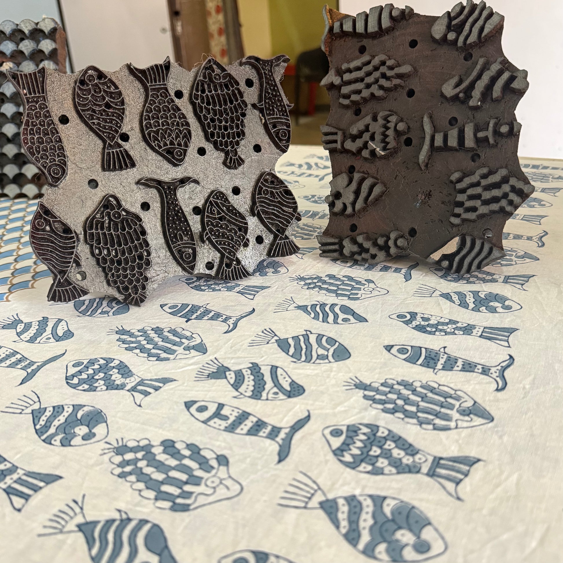 Freshly block printed with fish print