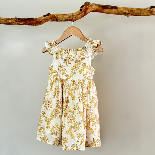 Pastel Floral & Bird Printed Summer Ruffle Dress