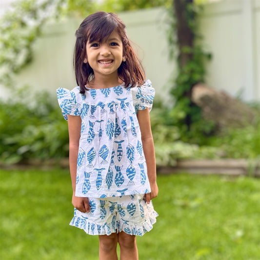 Girls' 2-Piece Top & Bottom Set with Fish Print