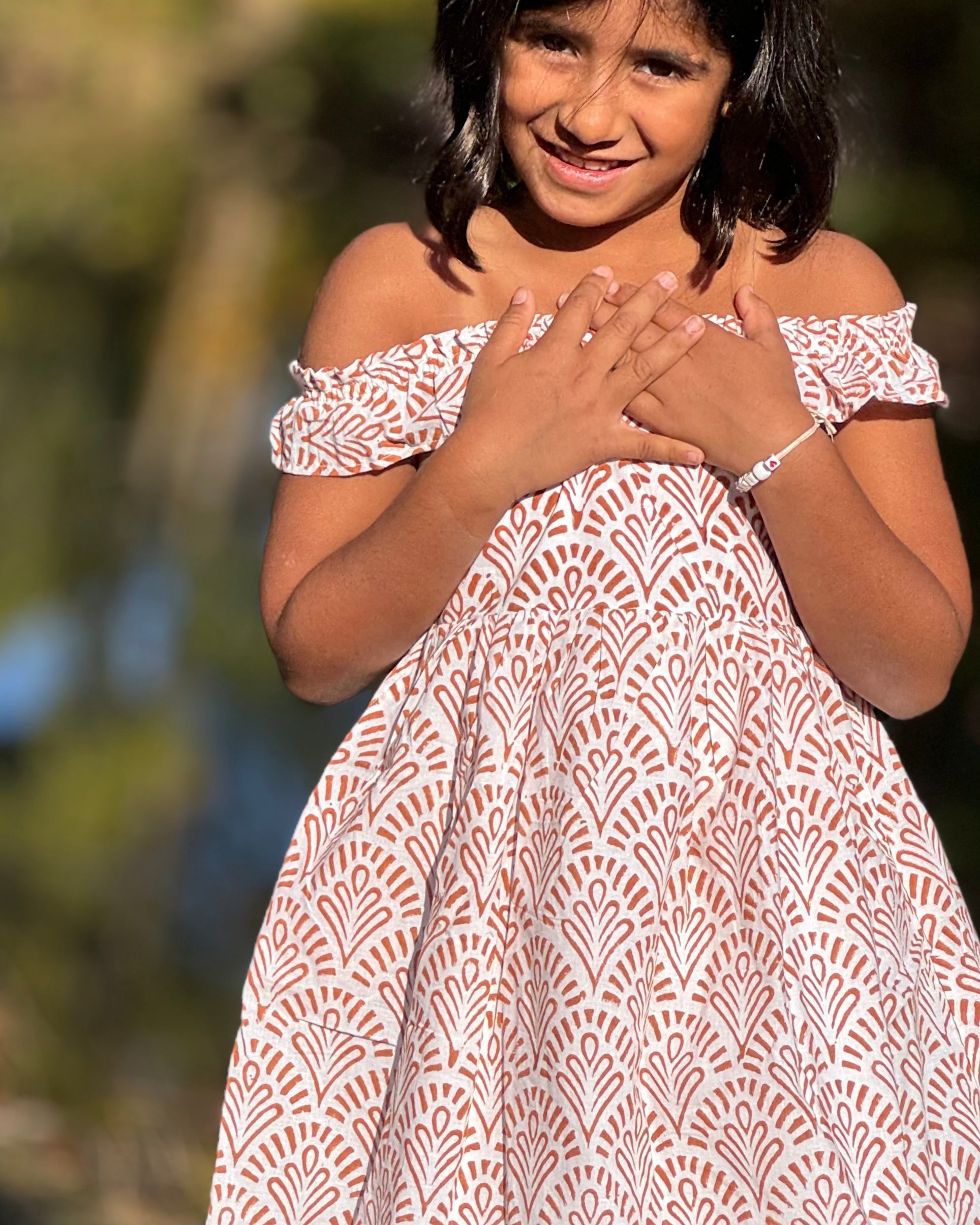 Brown white color off shoulder ruffle dress  for toddler girls