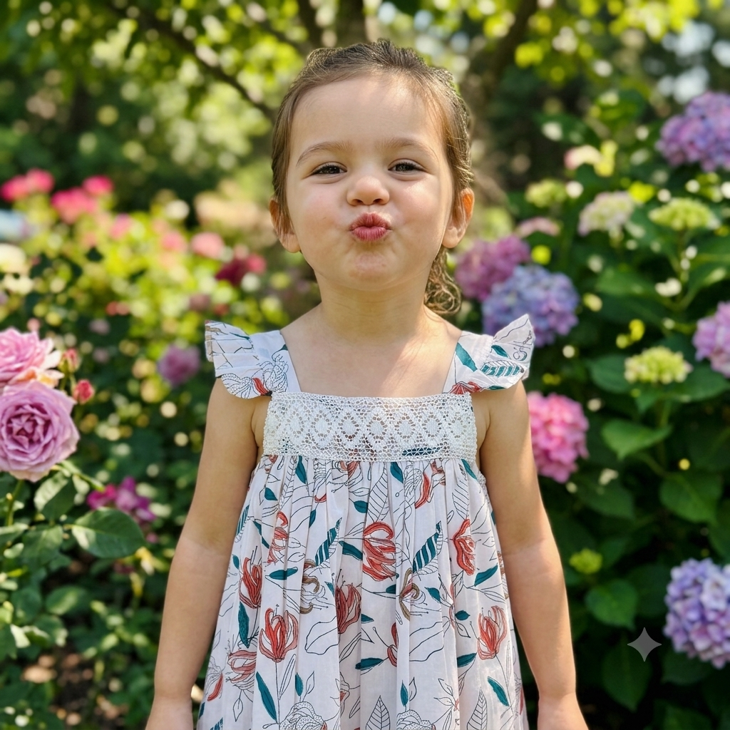 Girls Cotton Dress – Coral Floral Crochet Lace Dress with Ruffle Sleeves