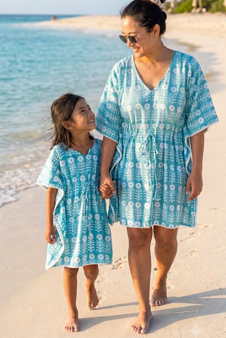 Girls Cotton Beach Cover Up – Block Print Mommy & Me Matching Vacation Kaftan