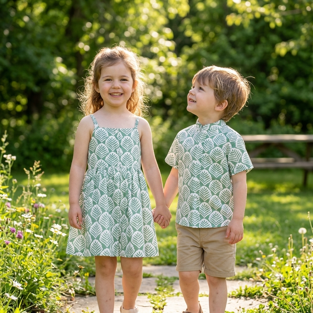 Little Girls' Cotton Leaf Print Strap Dress