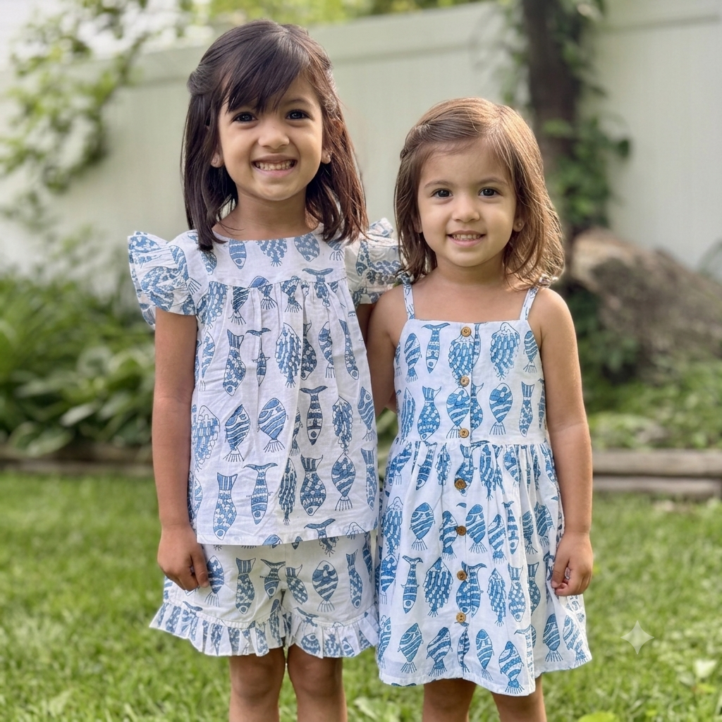 Girls' 2-Piece Top & Bottom Set with Fish Print