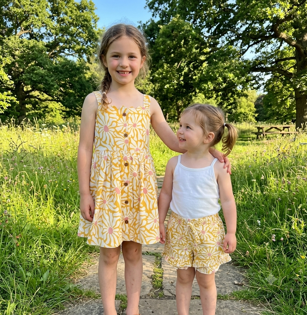 Girls Cotton Sundress – Marigold Floral Block Print Scallop Neck Dress
