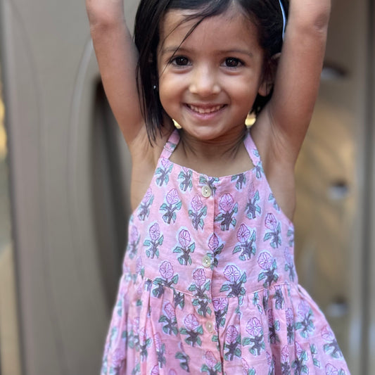Pink floral summer cotton dress for toddler girls 