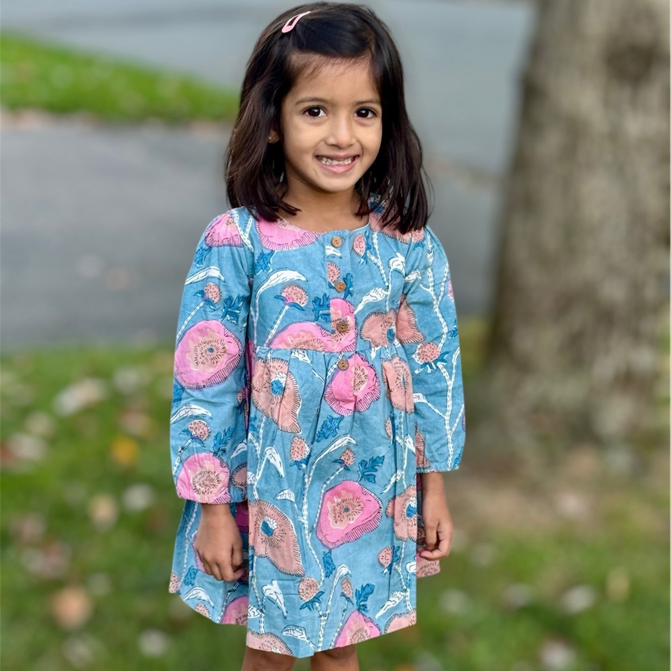 Hand Printed Multicolor Floral Girls' Dress