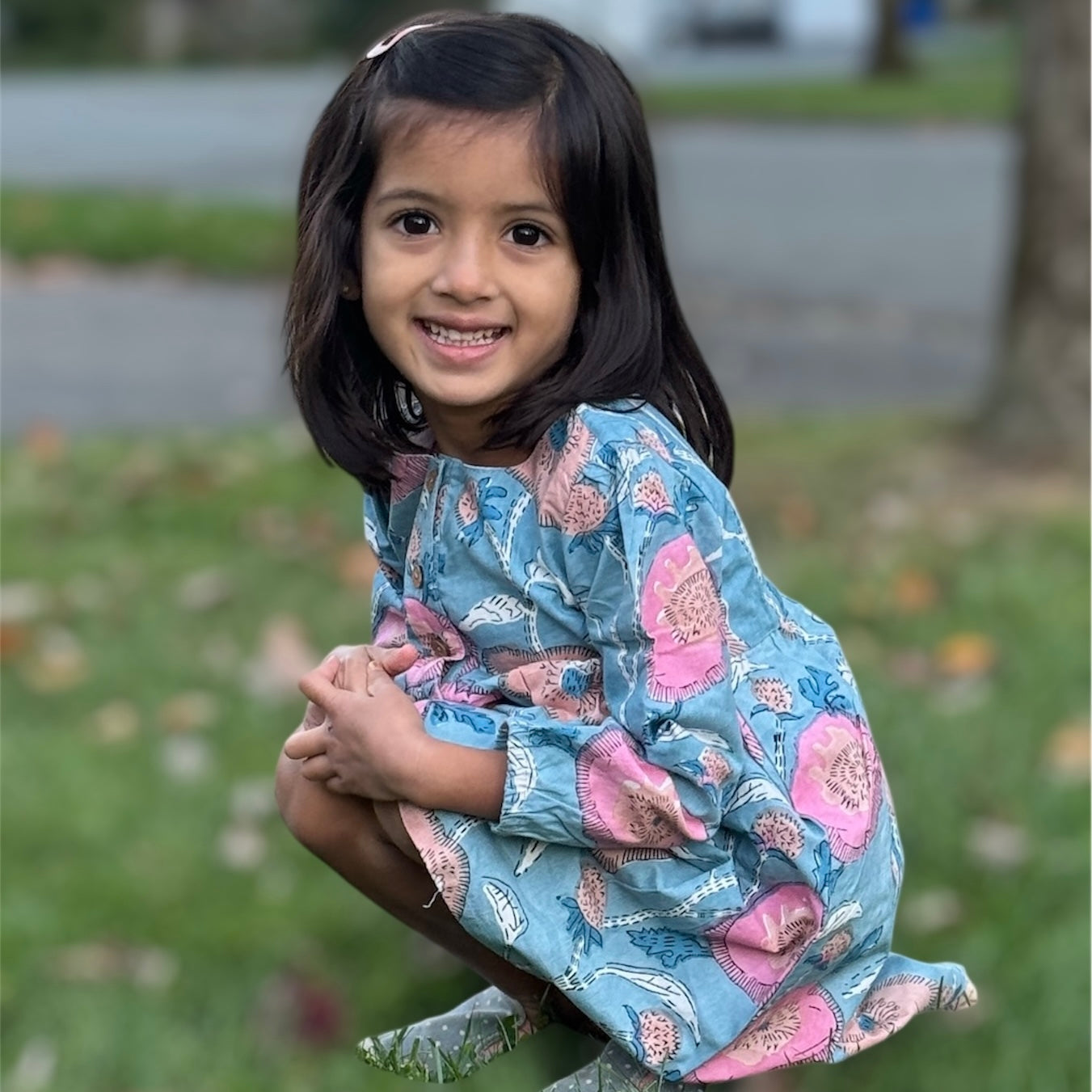 Hand Printed Multicolor Floral Girls' Dress