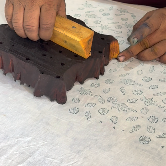 Block printing of tropical island shirt