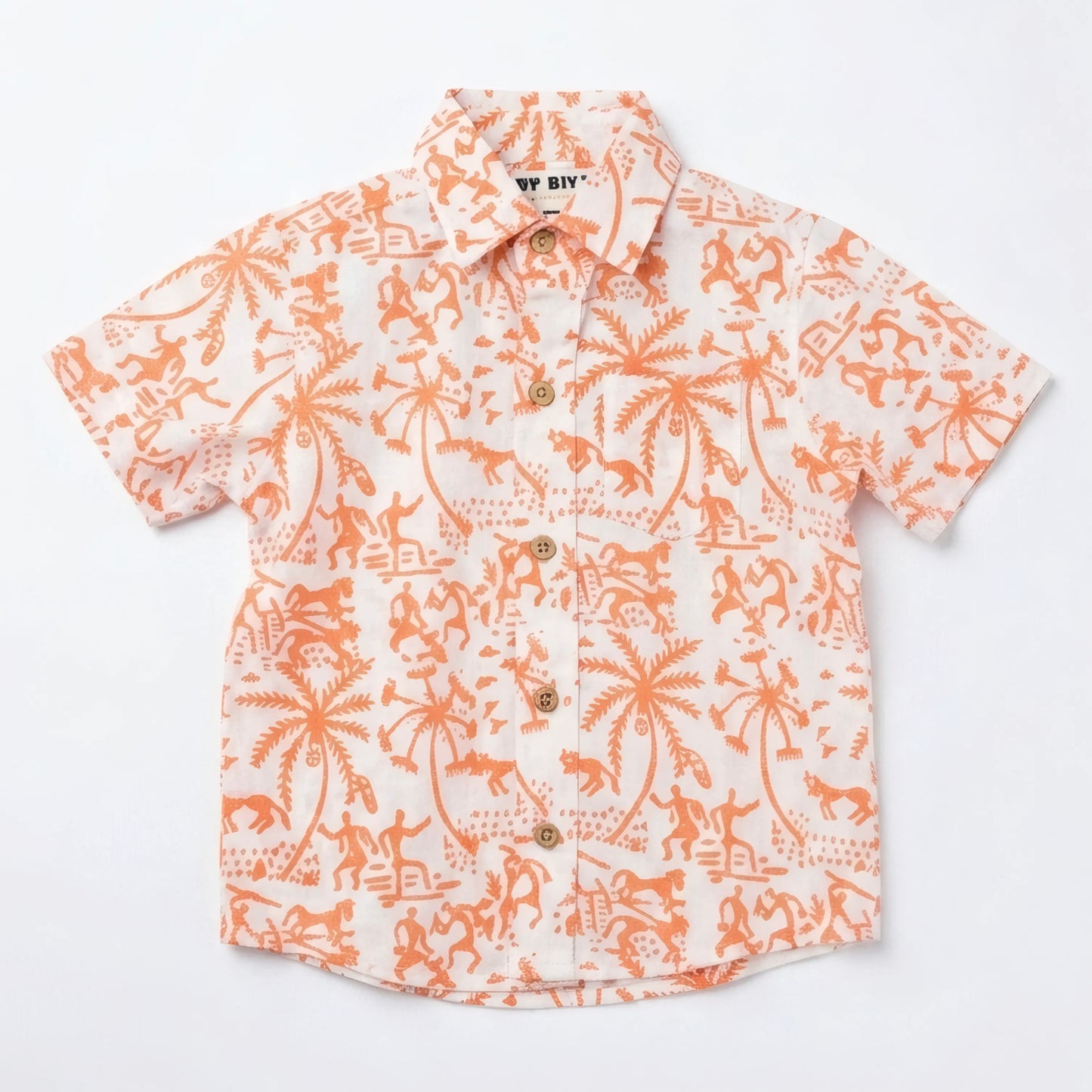 Boys short sleeve cotton button-up shirt front view lightweight breathable summer shirt for toddlers ages 2 to 5 years