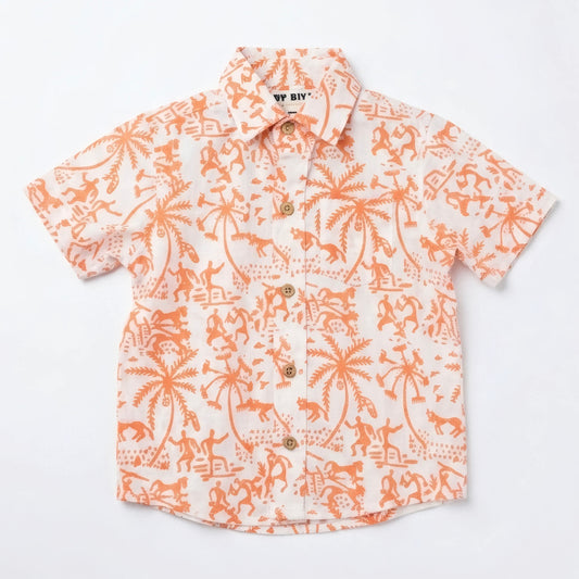 Boys short sleeve cotton button-up shirt front view lightweight breathable summer shirt for toddlers ages 2 to 5 years