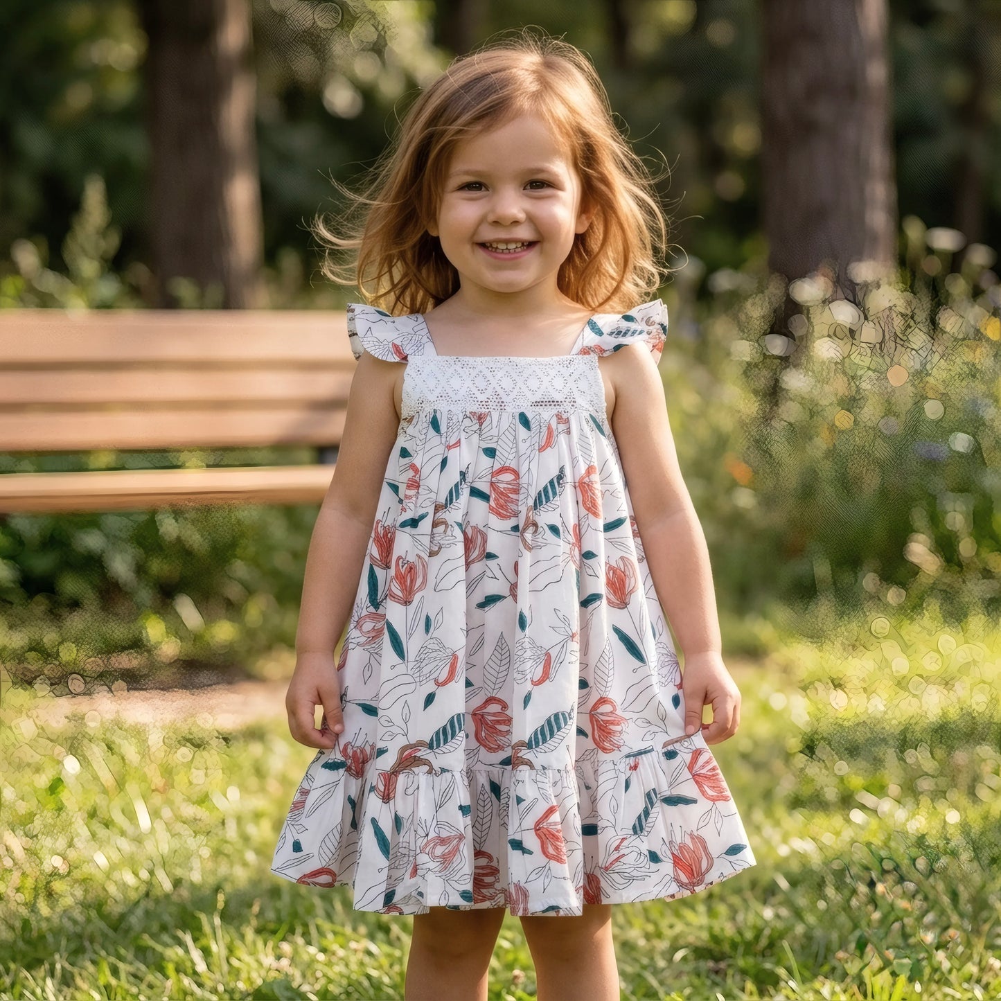 Young girl wearing coral floral cotton dress with crochet lace detailing enjoying summer day breathable handmade outfit