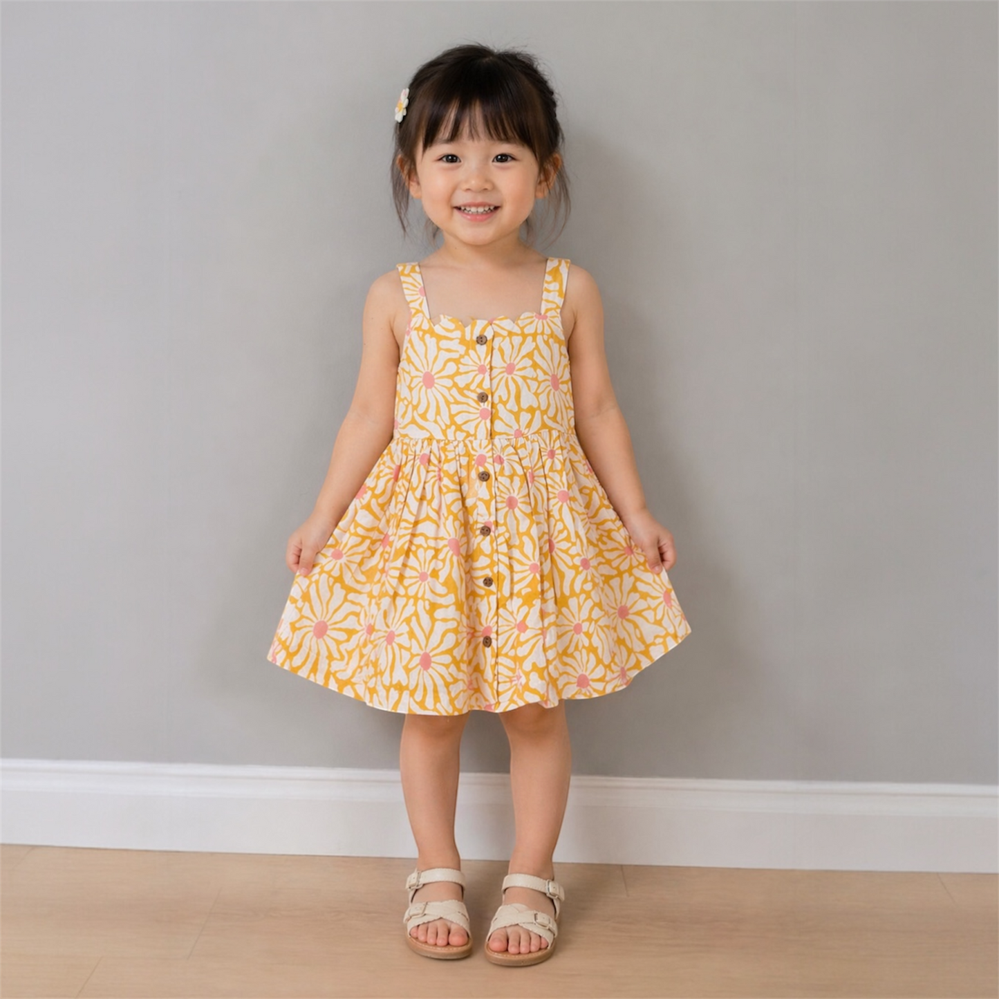 Young girl wearing marigold floral cotton sundress enjoying summer outdoor play breathable handmade dress