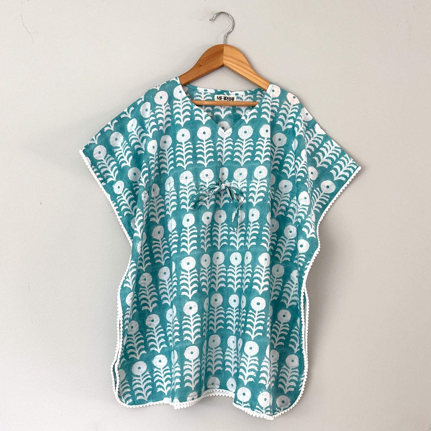 Girls cotton beach cover up kaftan front view lightweight block print summer outfit for beach and poolside wear