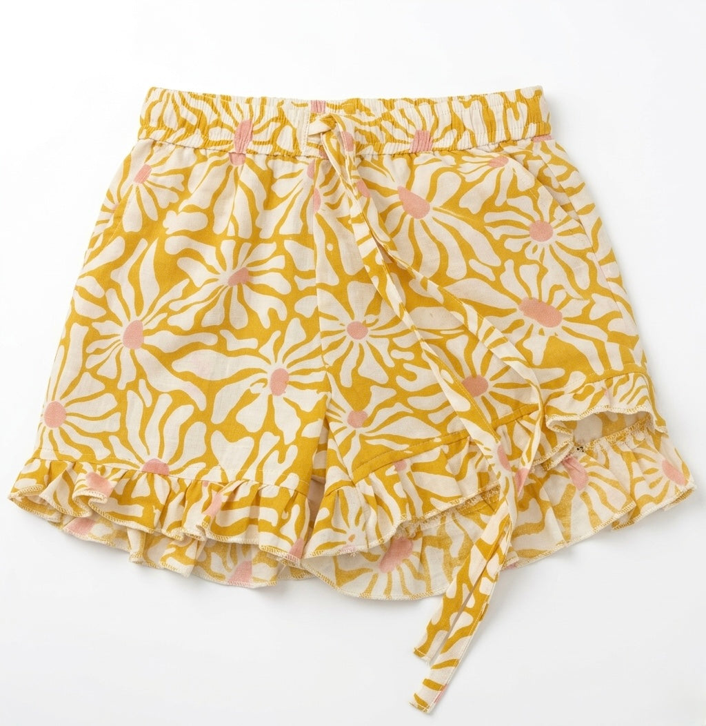 Girls cotton shorts with ruffle hem front view lightweight breathable summer shorts for toddlers ages 2 to 5 years