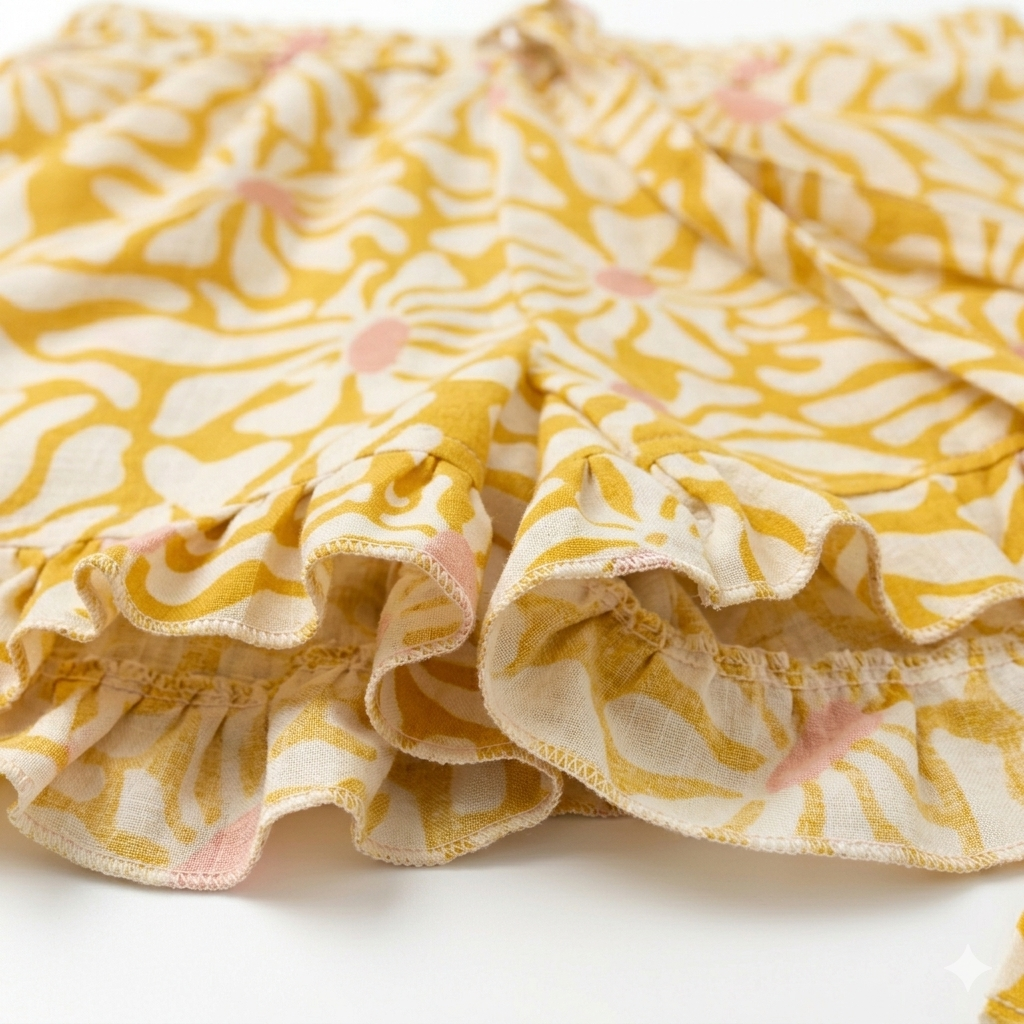Close up of ruffle hem and elastic waistband on girls cotton shorts soft breathable fabric with floral block print