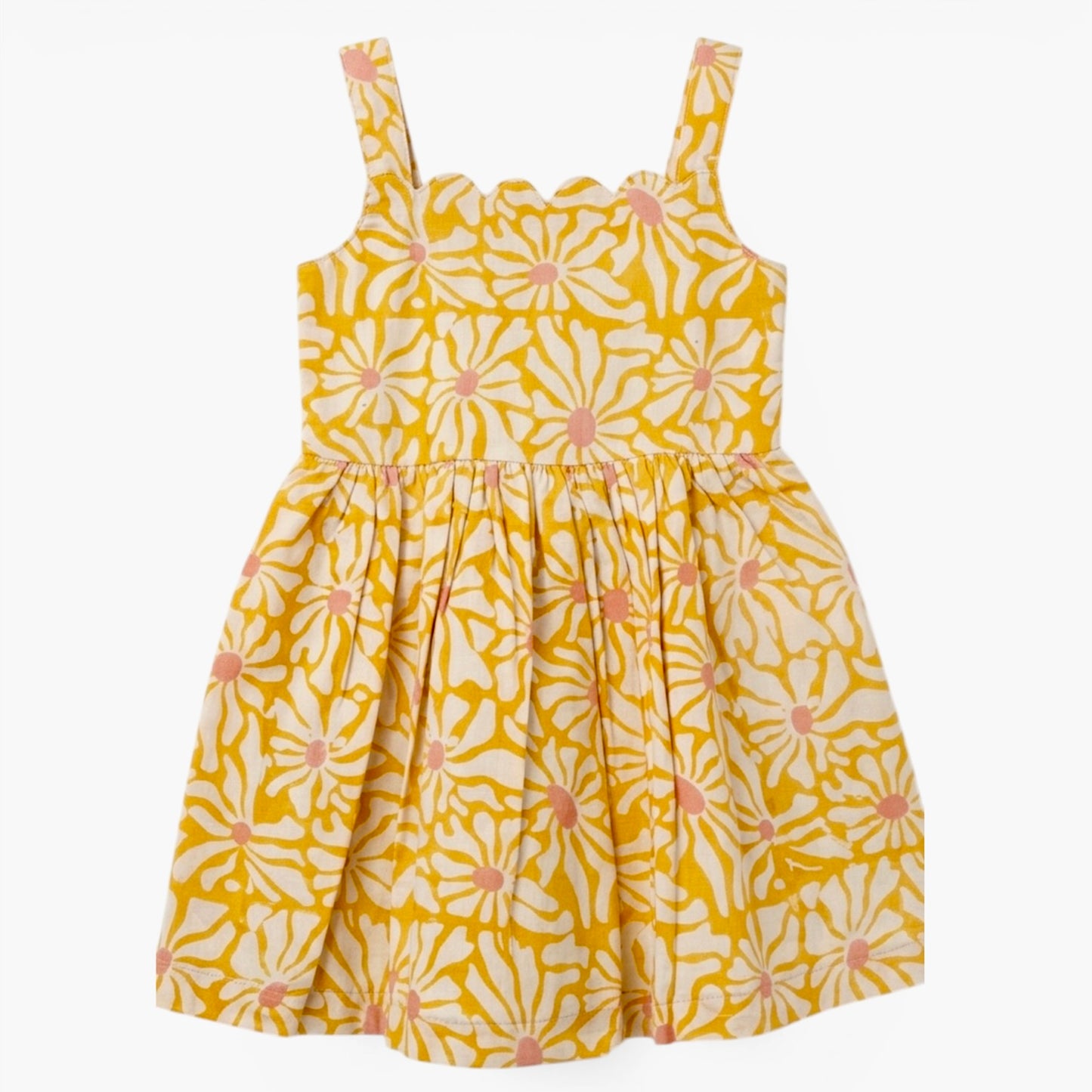 Back view of girls cotton sundress marigold floral block print breathable summer dress