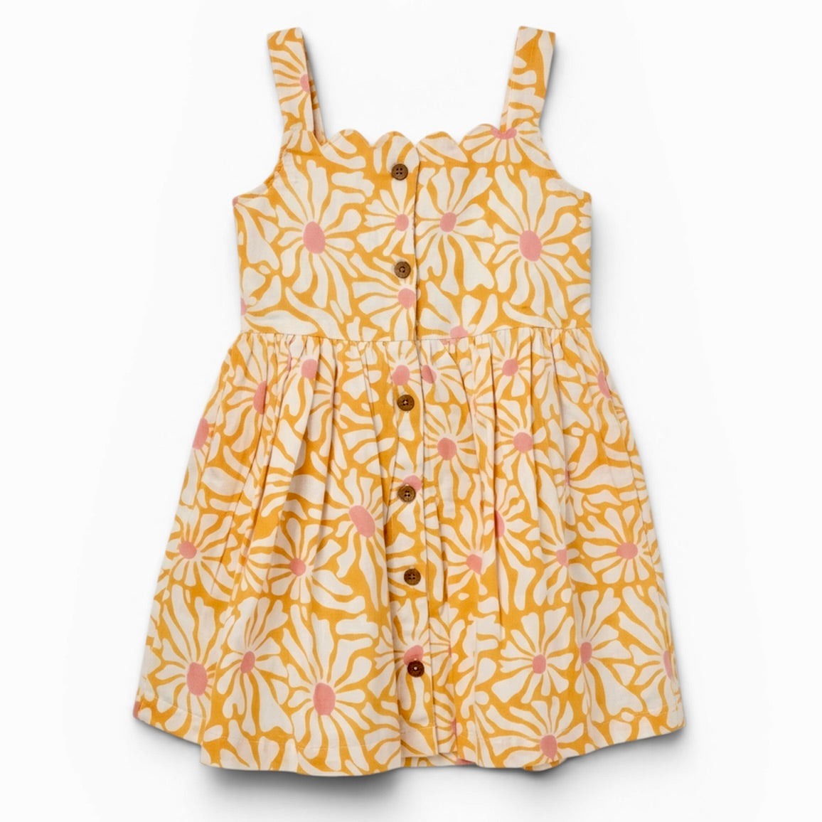 Girls cotton sundress in marigold yellow floral block print with scallop neckline front view