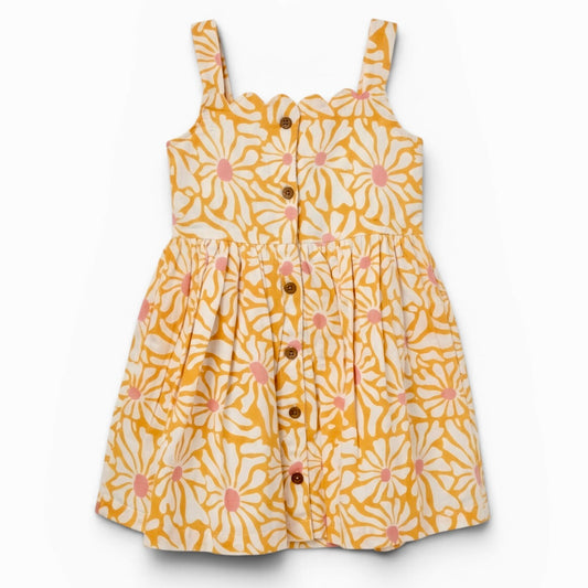 Girls cotton sundress in marigold yellow floral block print with scallop neckline front view