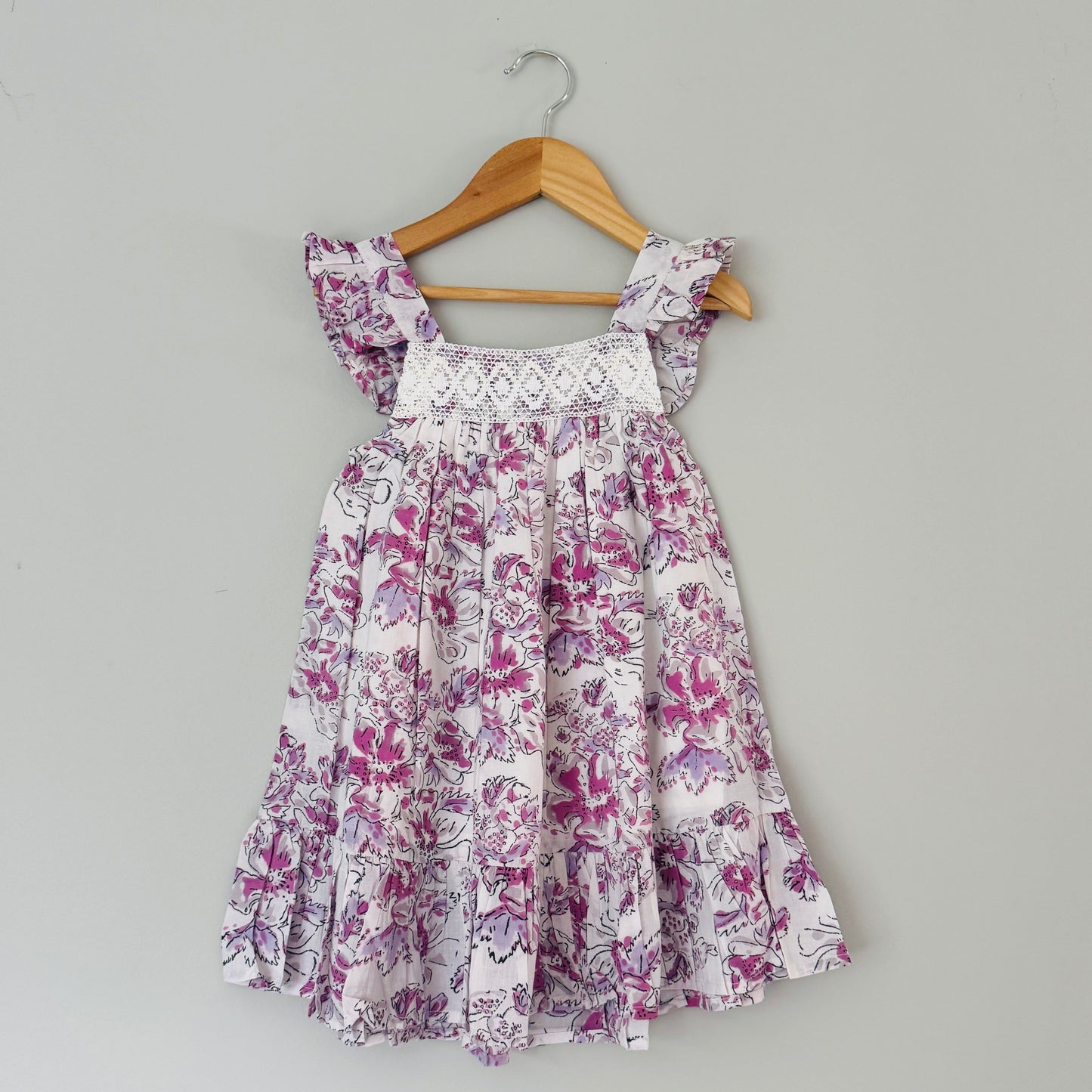 Girls lavender floral cotton summer dress front view lightweight breathable dress for toddlers ages 2 to 5 years