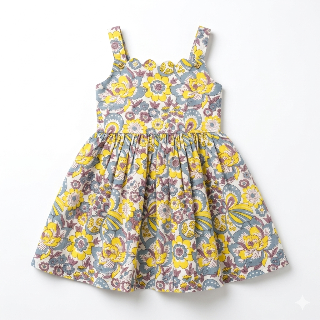 Back view of girls cotton sundress with rainbow floral block print breathable summer dress with straps