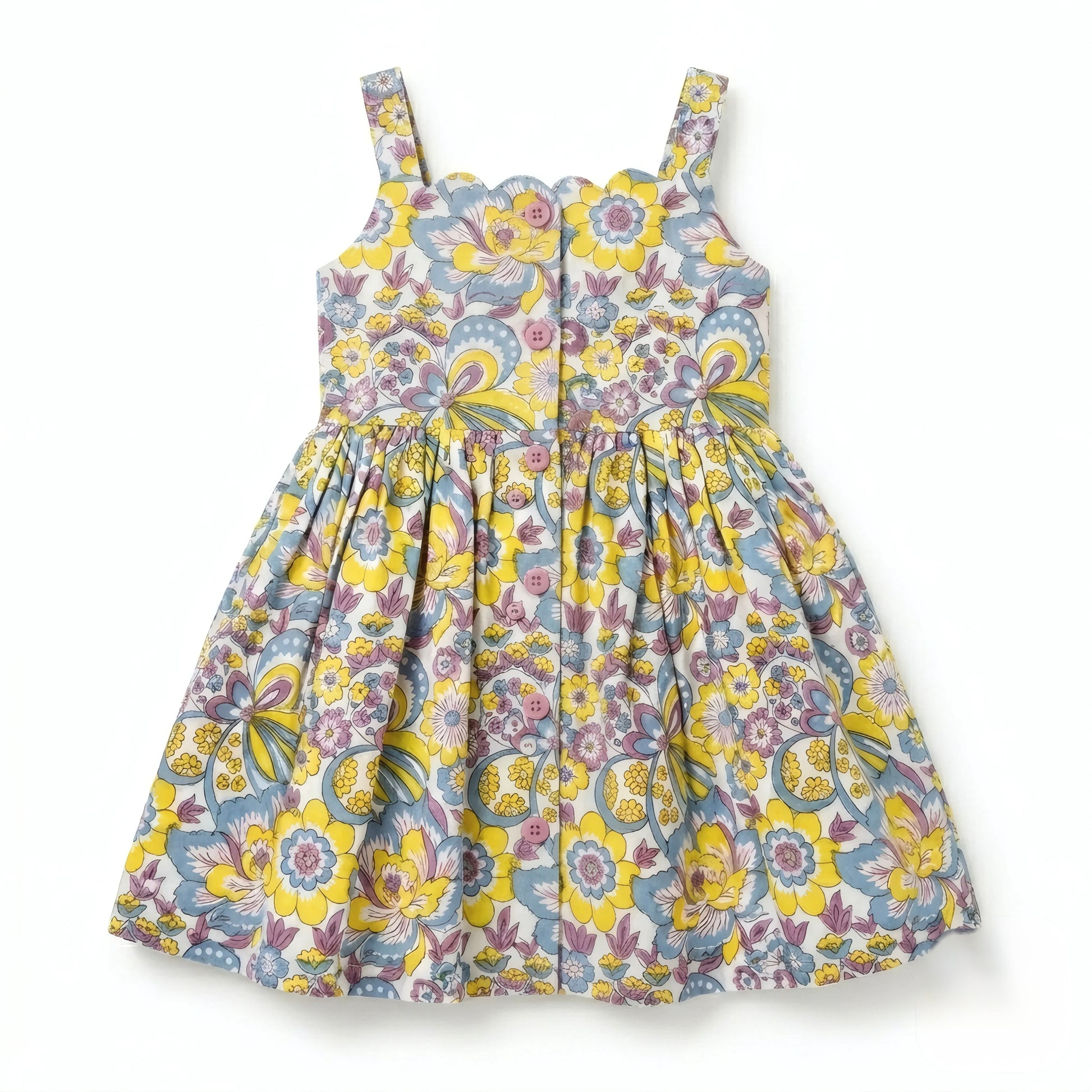 Girls rainbow floral cotton sundress front view with multicolor block print and strap design summer dress